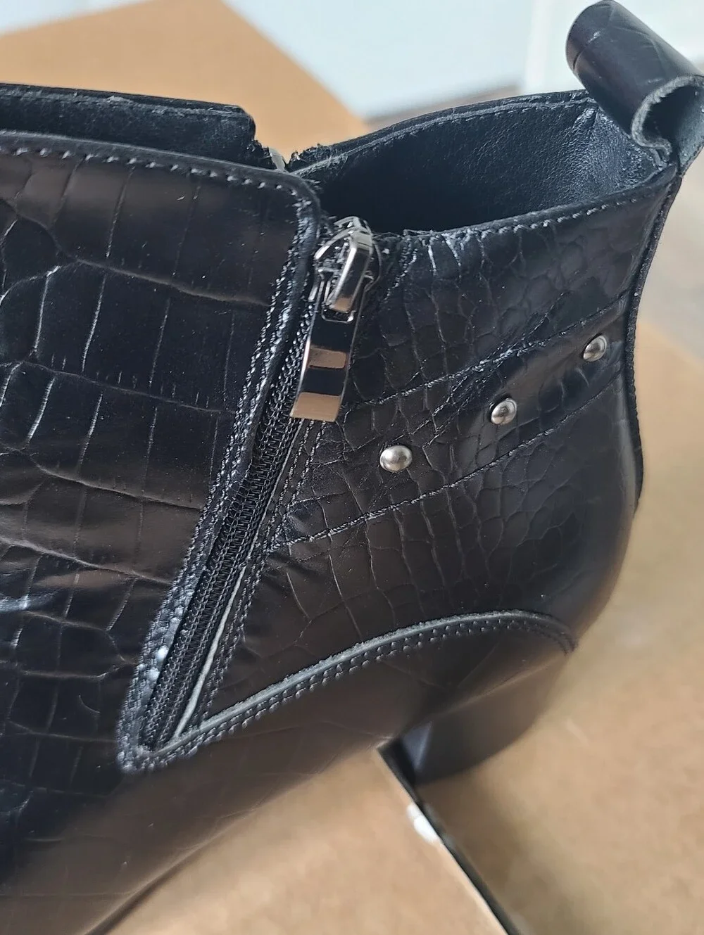 Men's Black Croc-Embossed Leather Boots with Block Heel